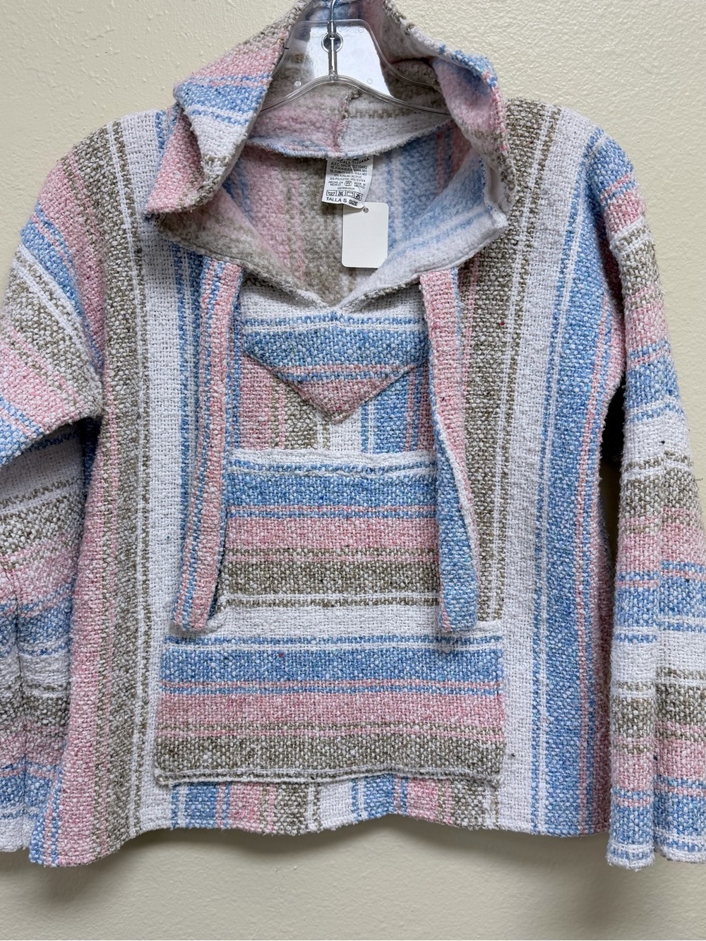 Boho Striped Hooded Baja Sweater - Pink, Blue & Cream